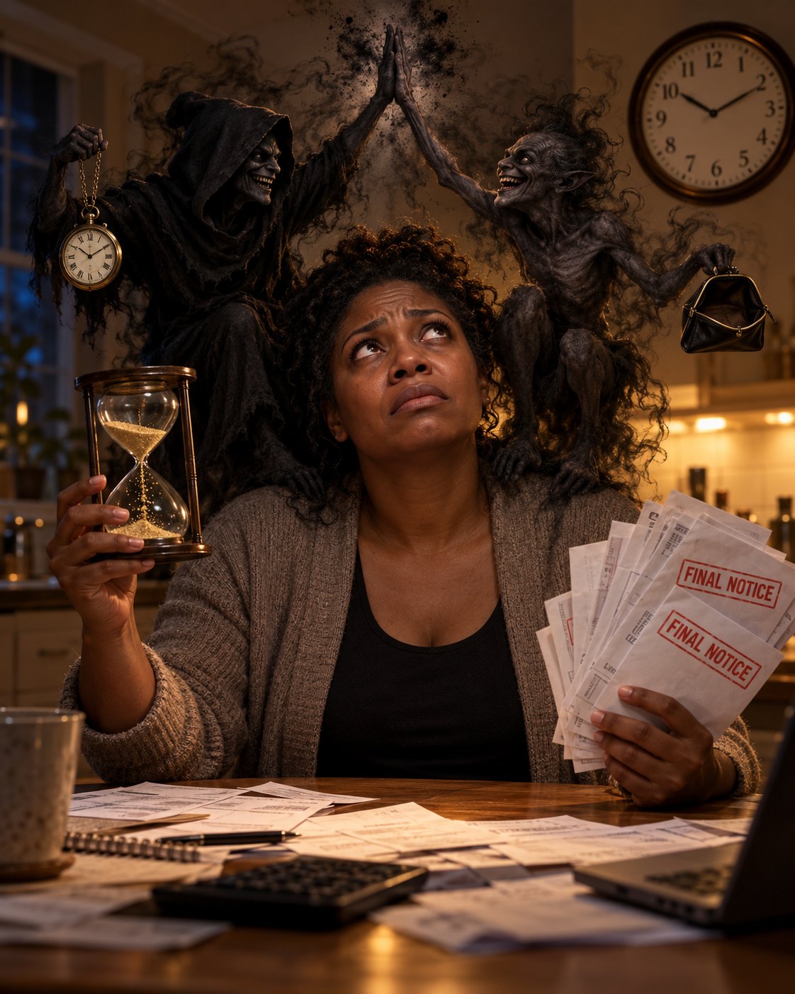 Breaking the Grip of Poverty and Delay class graphic: a woman holding an hourglass and final-notice bills while two dark figures high-five above her
